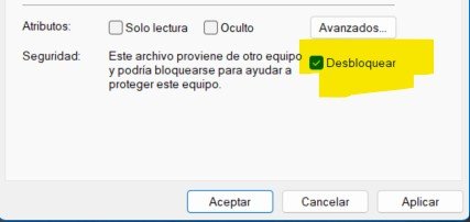 Ventana de Propiedades de Windows con la casilla Desbloquear resaltada