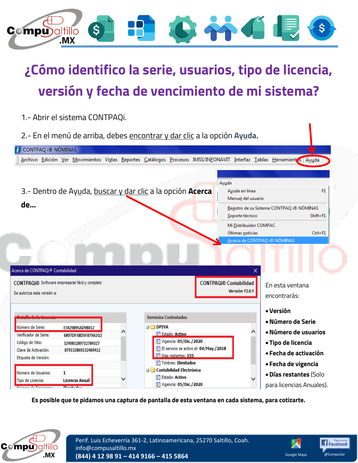 Guía visual: abrir Ayuda, seleccionar Acerca de y localizar versión, número de serie, usuarios y vigencia.