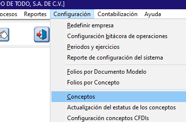 Menú Configuración abierto, con la opción Conceptos resaltada