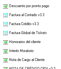 Lista de conceptos del sistema: factura al contado, factura crédito, factura global de tickets y otros