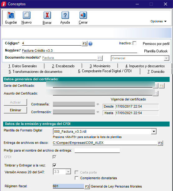 Ventana de configuración del concepto, pestaña 6 CFDI, con el botón Activar a la izquierda