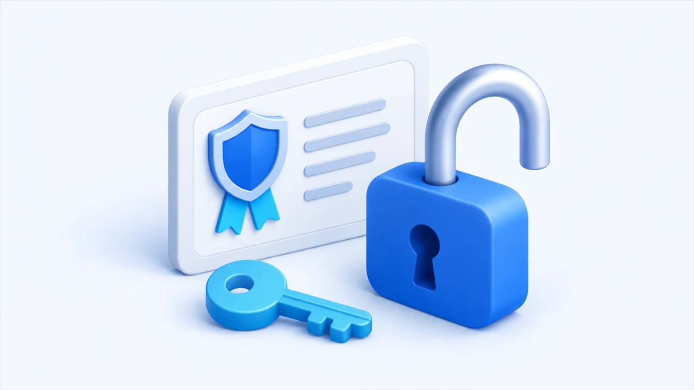 Un certificado digital con un candado abierto y una llave al lado